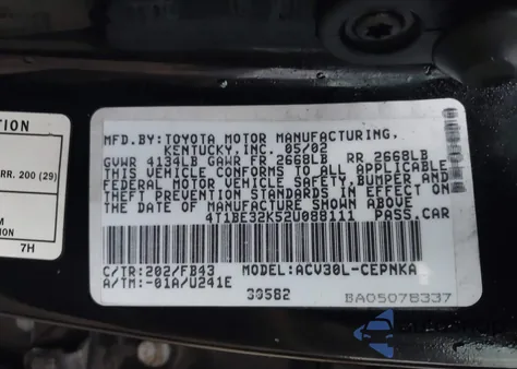 2002 Toyota Camry Le from USA, damaged, VIN 4T1BE32K52U088111